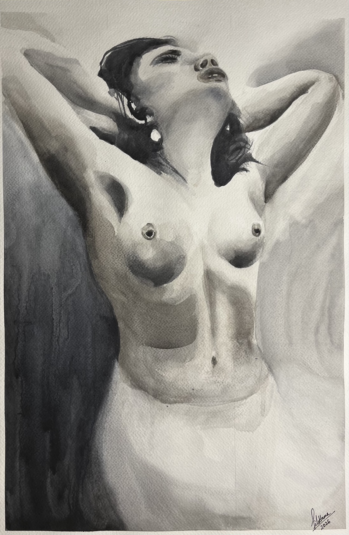 Black and white watercolor figure study by Tilottama